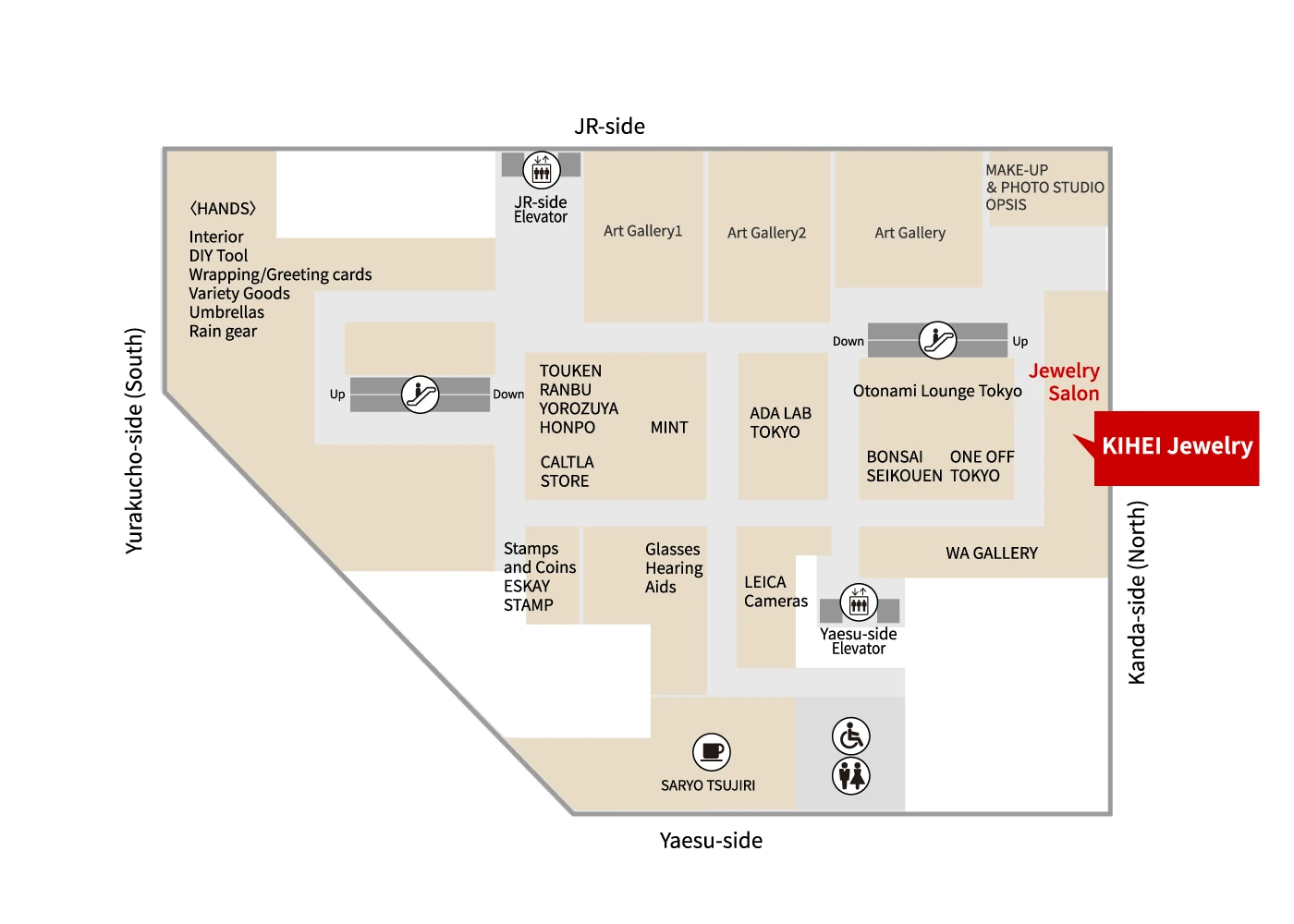 Floor map of the Kihei Jewelry Corner on the 10th floor Jewelry Salon at Daimaru Tokyo Store